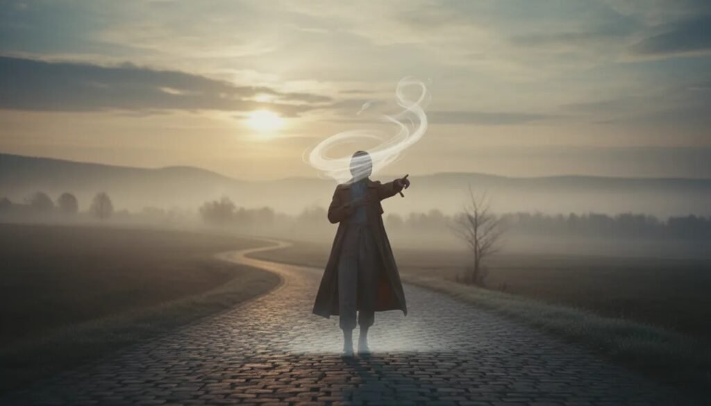Person prenant la première décision et avançant sur un chemin, symbole de “commencer par soi” grâce à la clarté intérieure et à la persévérance.