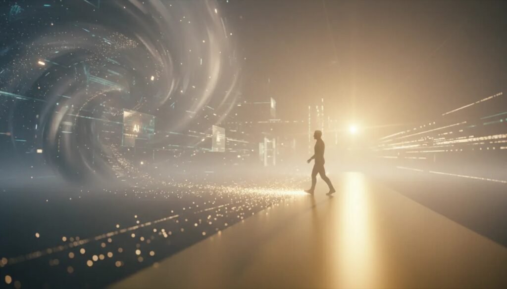 Une personne avance sur un chemin lumineux dans un paysage de brouillard et de données abstraites, symbolisant l’action face à l’incertitude liée à l’IA.