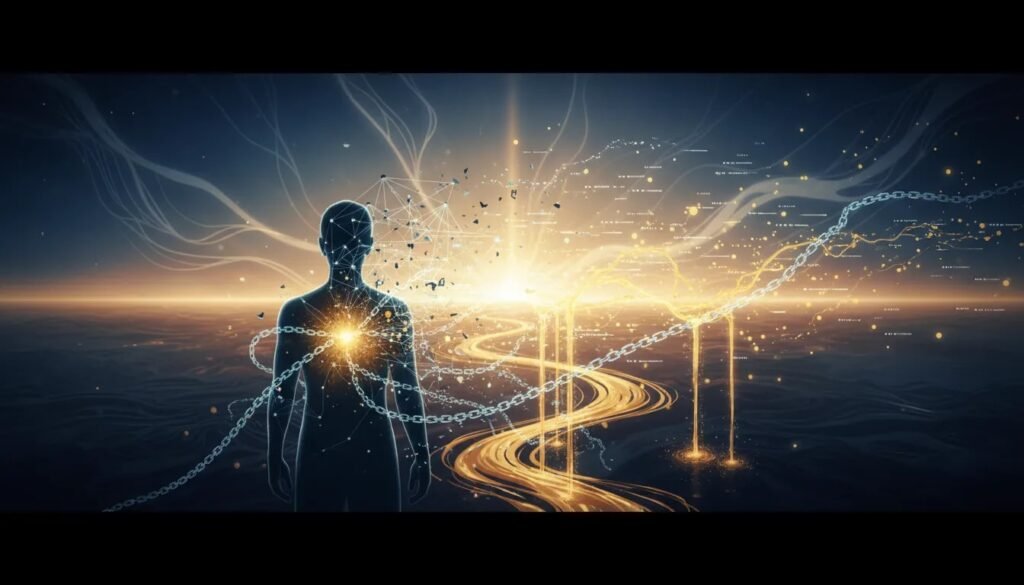 Illustration symbolique d’une personne tournée vers une lumière dorée, avec des chaînes qui se brisent et des flux d’abondance s’ouvrant à l’horizon, représentant le changement de mentalité et l’accès intérieur.