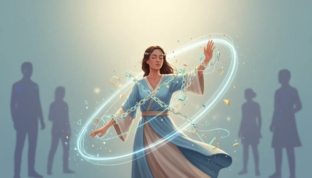 Personne libérée des chaînes de l’approbation sociale, entourée d’une barrière lumineuse symbolisant des limites claires et la paix intérieure, avec des silhouettes floues en arrière-plan