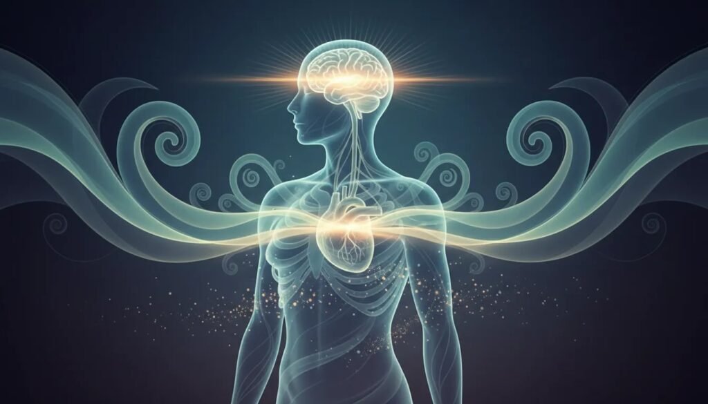 Illustration abstraite montrant comment la méditation et les émotions peuvent influencer le corps via des ondes lumineuses partant du cerveau vers le système nerveux et le cœur.