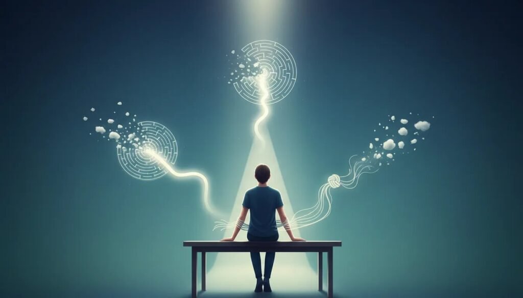 Personne en position réfléchie, libérée d’une chaîne symbolisant le blocage et guidée vers l’action par une lumière douce, avec nuages de pensées et labyrinthe qui se dissipent