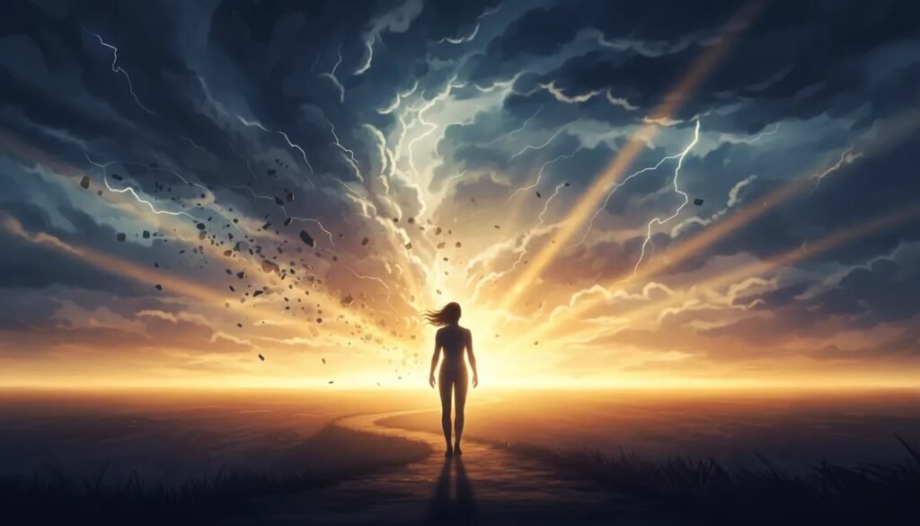 Une silhouette déterminée avance du brouillard vers la lumière, symbolisant la résilience et le choix d’une posture intérieure face à l’adversité.