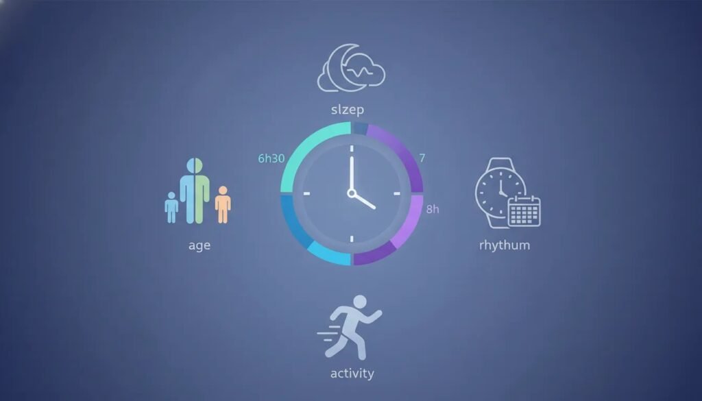 Infographie sans texte montrant différentes durées de sommeil et des facteurs individuels (âge, activité, rythme, qualité) autour d’une horloge stylisée pour illustrer que le besoin de sommeil varie selon les personnes.