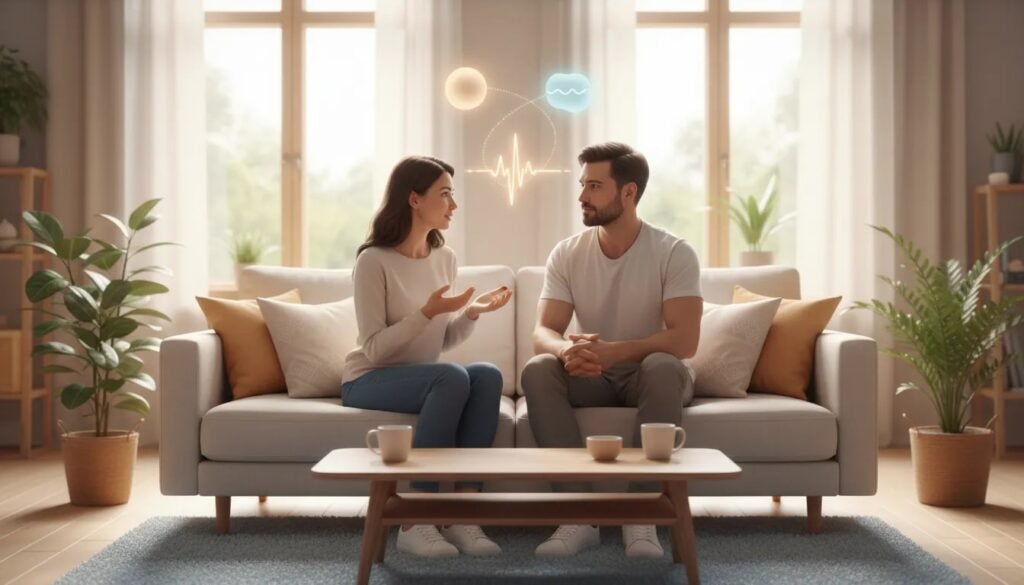 Couple serein exprimant un désaccord sans tension, symbolisant une relation saine et une sécurité émotionnelle