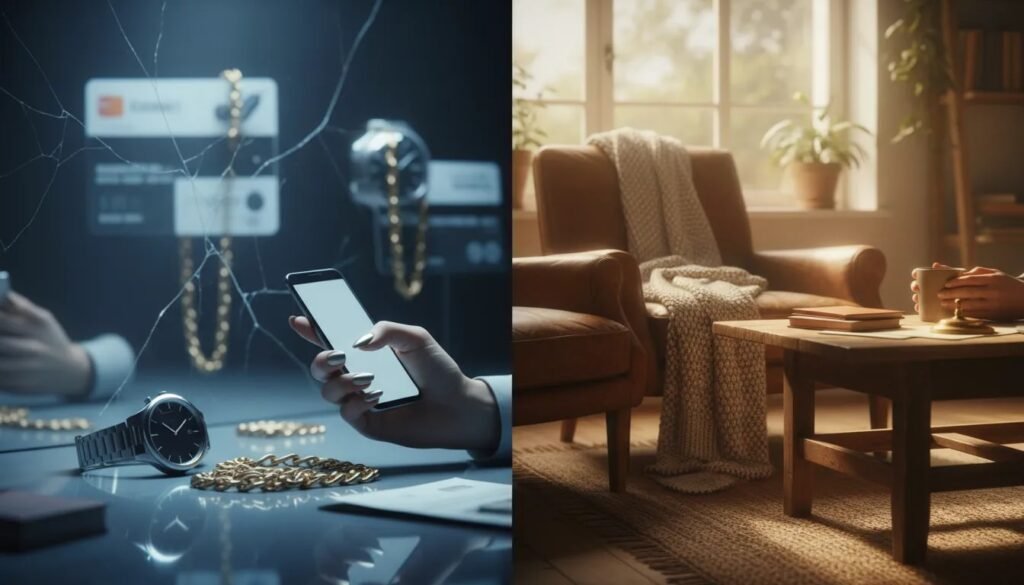 Image divisée montrant la différence entre richesse en apparence et richesse réelle, avec un côté illusion et un côté stabilité et sérénité, sans aucun texte.
