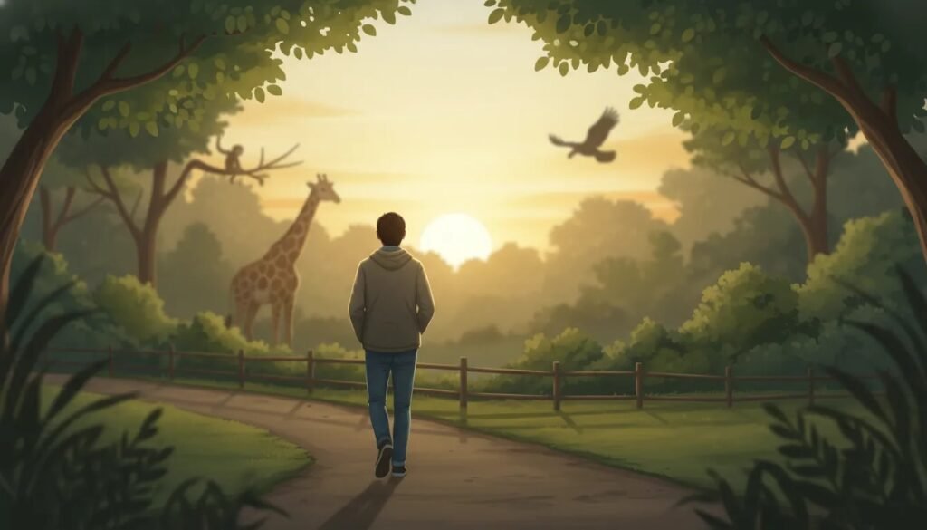 Promenade apaisante dans un zoo verdoyant, une personne observe des animaux au loin sous une lumière dorée, ambiance de détente et reconnexion à la nature.