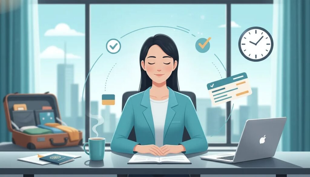 Personne sereine et organisée au milieu d’une journée de voyage chargée, avec valise ouverte, bureau et éléments visuels abstraits de routine et productivité, sans texte.