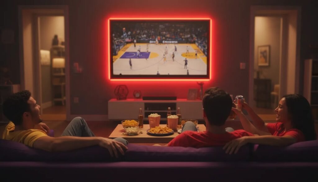Ambiance détendue et conviviale pendant un match NBA des Lakers avec des amis, snacks et éclairage chaleureux à la maison