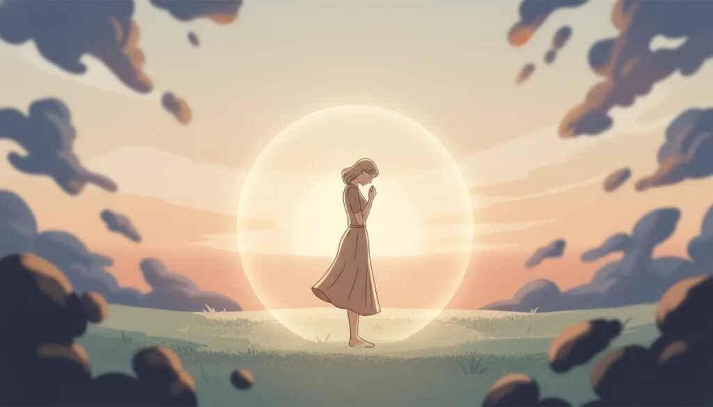 Illustration symbolique d’une personne protégée par une barrière lumineuse, représentant la pose de limites personnelles et la paix intérieure.