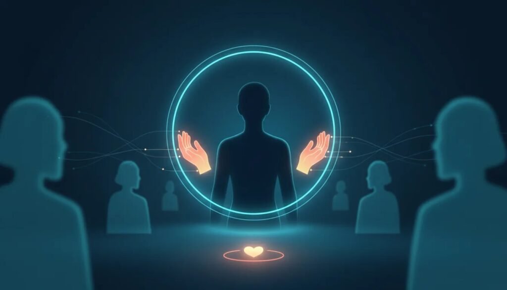 Illustration symbolisant des limites saines dans les relations : une personne protégée par un cadre lumineux, certaines silhouettes s’éloignant et des relations plus justes restant proches.