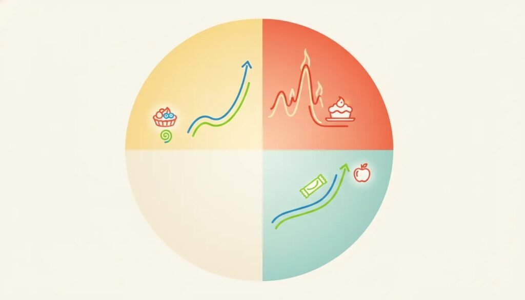 Schéma visuel sans texte illustrant un bon moment pour consommer du sucre et une glycémie plus stable au fil de la journée