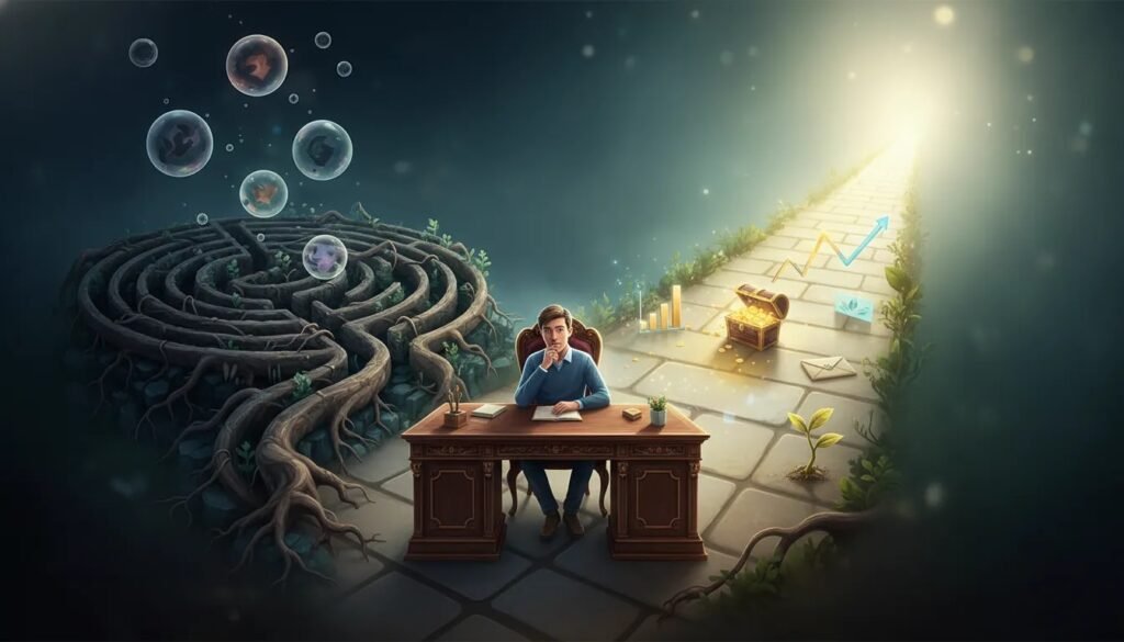 Illustration métaphorique montrant comment les habitudes émotionnelles et le money mindset peuvent influencer la construction de la richesse, avec un chemin sombre se transformant en voie lumineuse vers la stabilité financière.