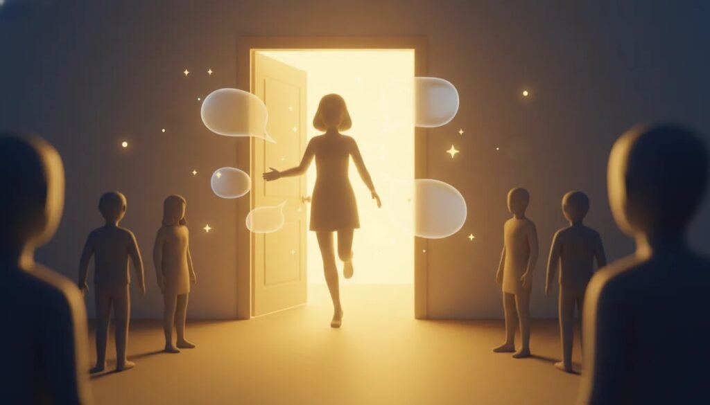 Personne sortant d’une porte vers un chemin lumineux, entourée d’étincelles et de silhouettes suggérant des rencontres favorables et de nouvelles opportunités