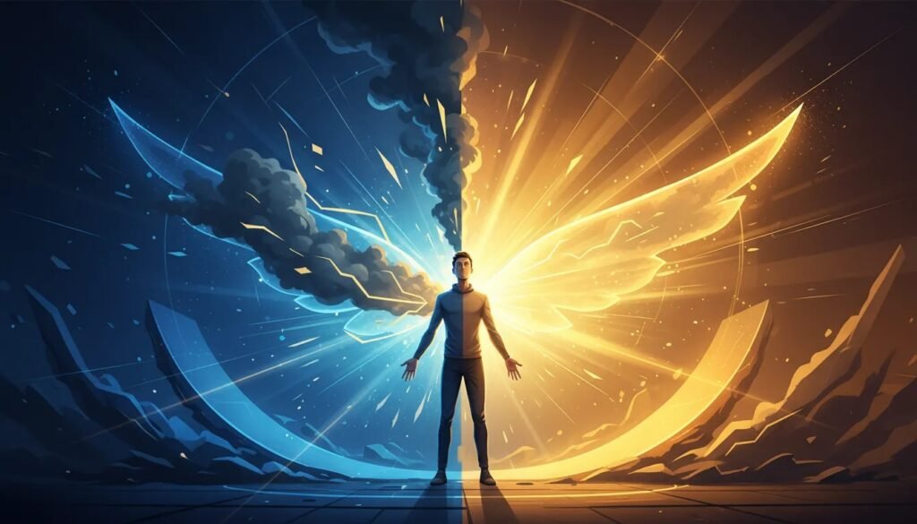 Image sans texte montrant une personne transformant une pression sombre en énergie lumineuse, symbolisant la responsabilité vue comme un avantage.