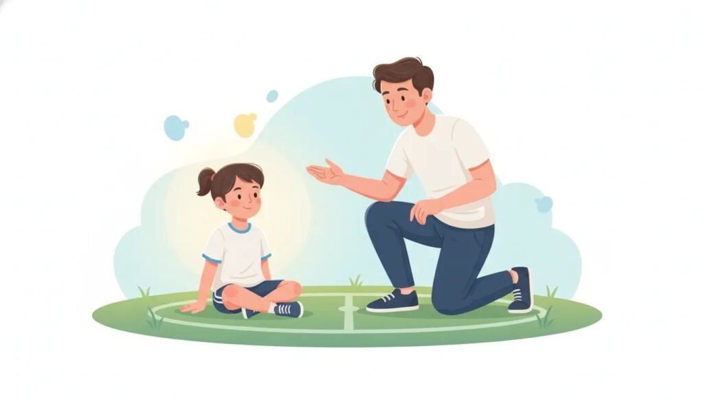 Enfant au sport avec un parent et un coach bienveillants, ambiance apaisée qui évoque la protection de la santé mentale