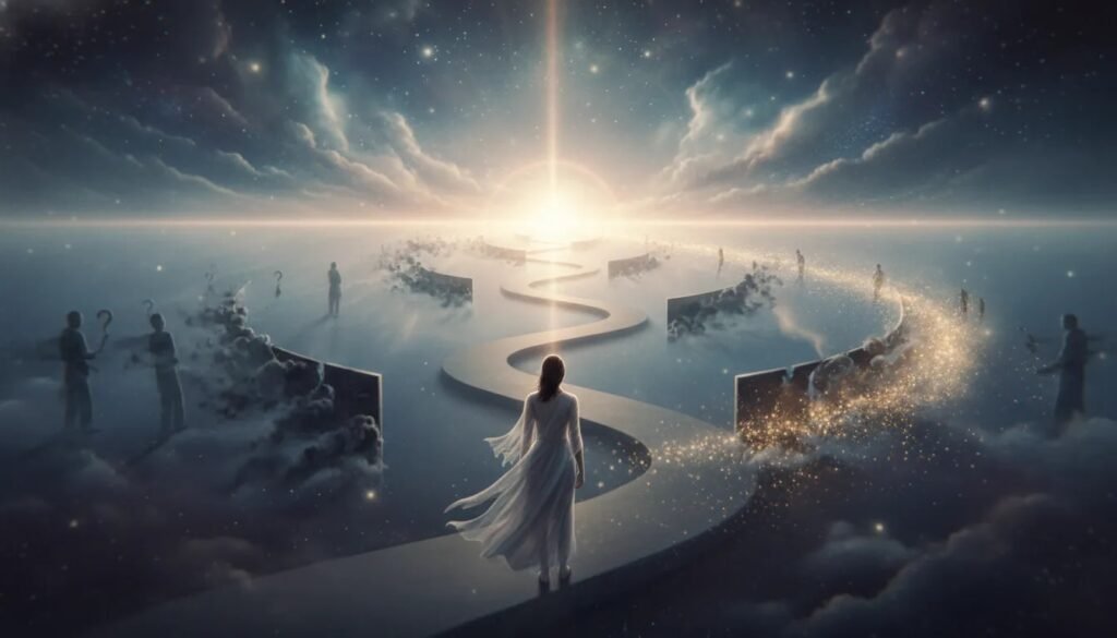Une personne se tient devant un chemin lumineux en spirale vers l’horizon, symbolisant le passage du doute à une ambition audacieuse sans texte.