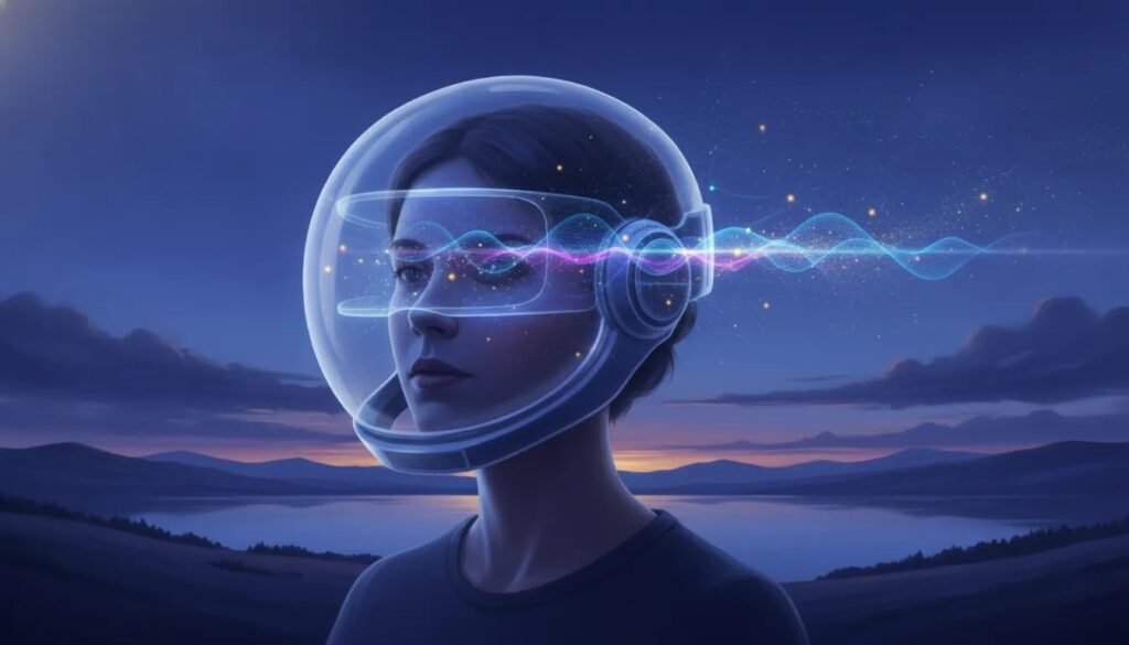 Personne portant un casque VR transparent avec des visualisations abstraites de perception et de temps, symbolisant l’idée que la réalité pourrait être une interface.