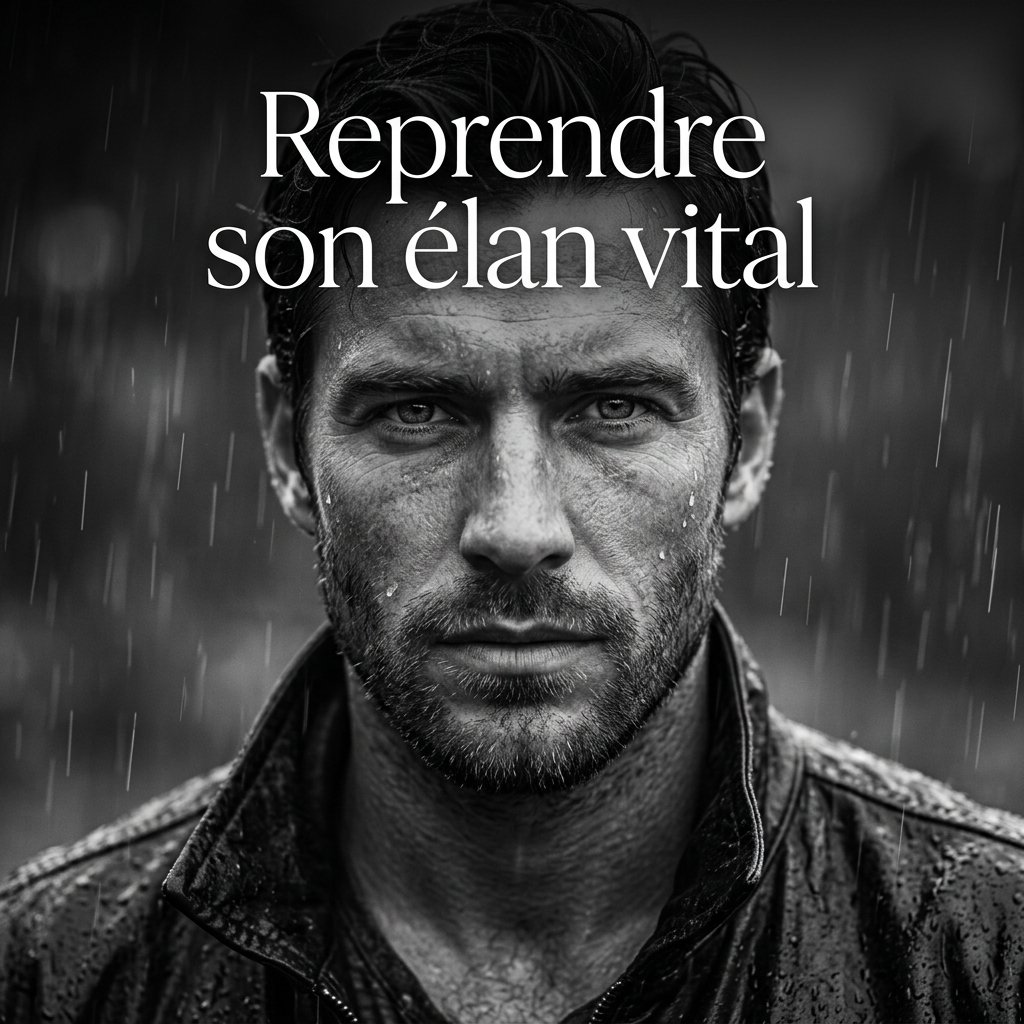 Audio guidé Reprendre son élan vital de Zanaya, visuel noir et blanc d'un homme déterminé sous la pluie pour retrouver son énergie