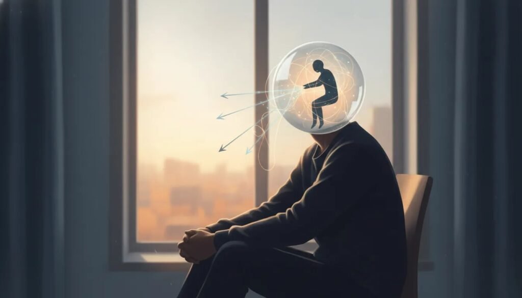 Illustration symbolique d’une personne apaisant une critique intérieure sombre à l’intérieur de sa tête, lumière chaude et sentiments de guérison, sans texte