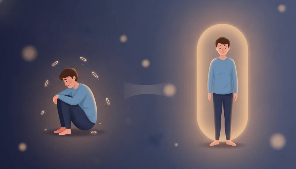 Illustration symbolique montrant la différence entre réassurance et validation pour apaiser l’anxiété relationnelle, avec une lumière instable à gauche et une lumière stable à droite.