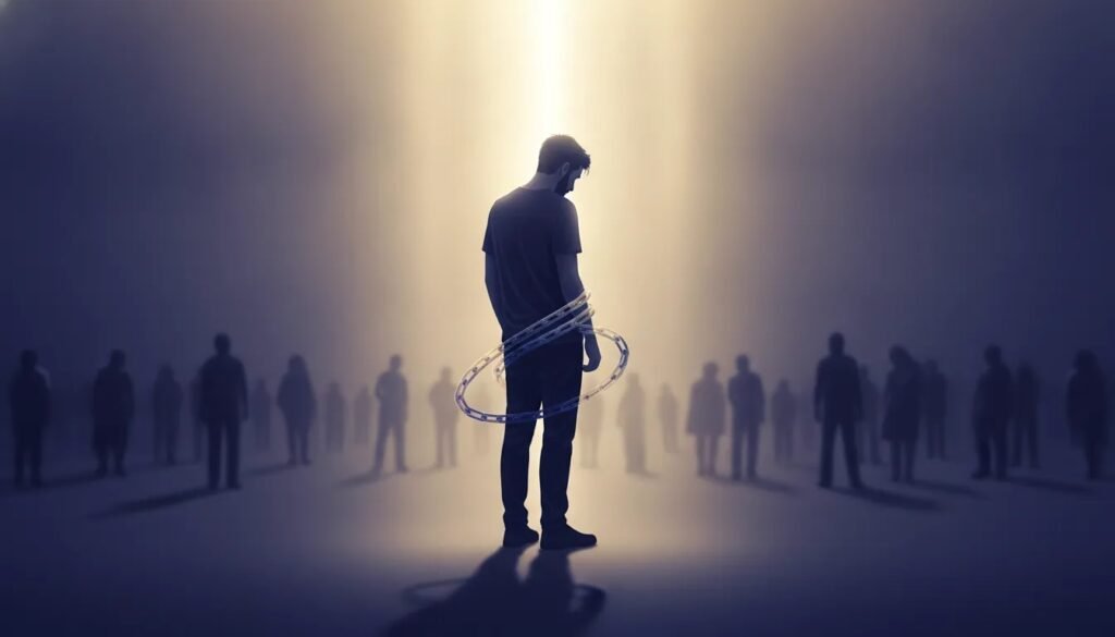 Une personne libérée d’une chaîne invisible tirée par des silhouettes floues, symbolisant le fait de cesser de vivre selon l’opinion des autres, avec une lumière de clarté et de liberté.