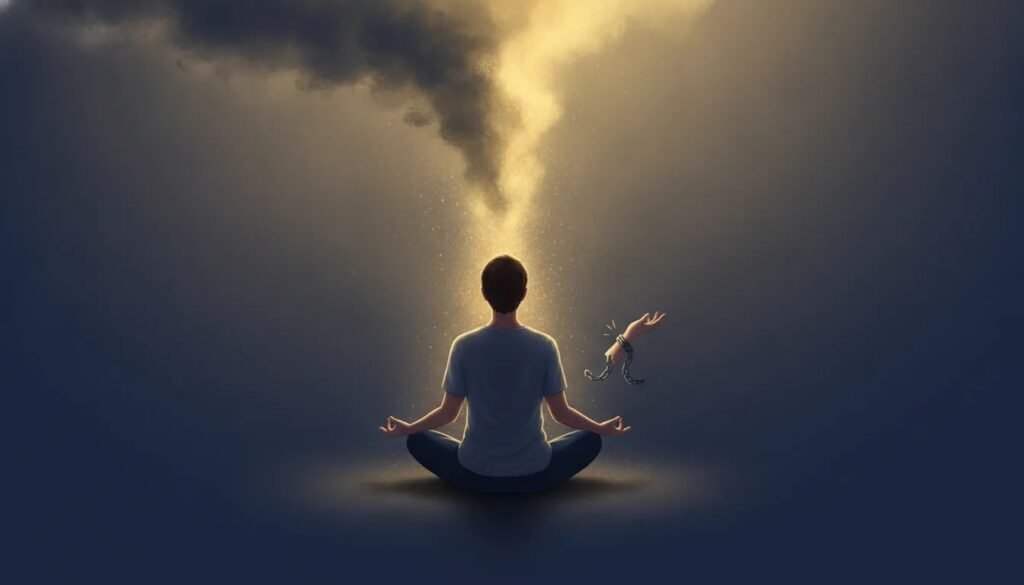 Illustration symbolique d’une personne en méditation lâchant-prise, avec une colère sombre qui se transforme en lumière pour retrouver la paix intérieure