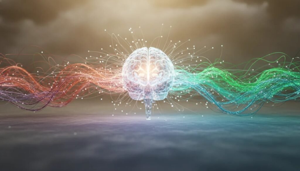 Illustration surréaliste d’un cerveau lumineux connectant des circuits neuronaux et des chemins de manifestation vers une réalité plus cohérente