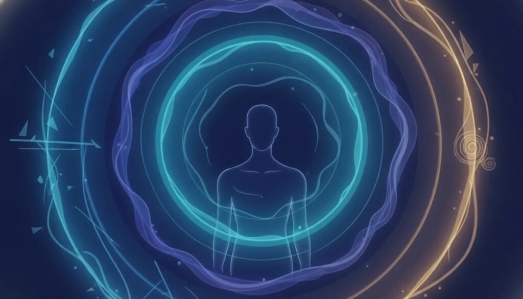Illustration symbolique des niveaux de conscience : une silhouette dont les anneaux lumineux se stabilisent, représentant le calme intérieur qui rend le monde extérieur plus fluide.