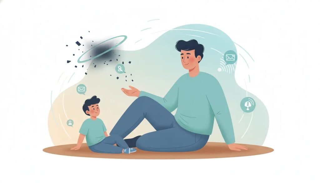 Un parent apaise son enfant dans une atmosphère de parentalité consciente, avec des symboles abstraits de stress qui s’estompent