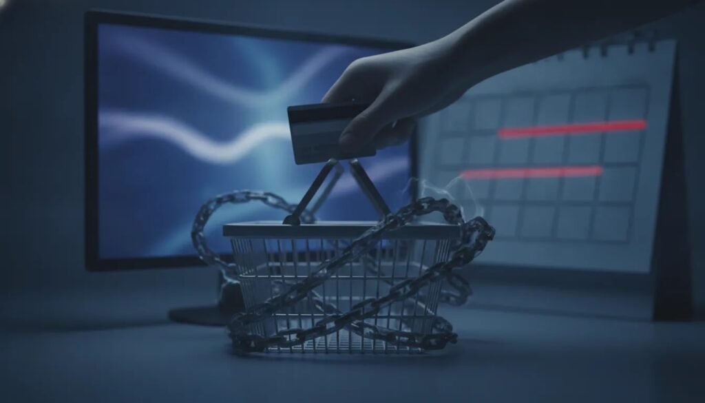 Illustration sans texte représentant un piège financier autour d’un panier d’achats et d’une carte de paiement, évoquant les risques du paiement en plusieurs fois.