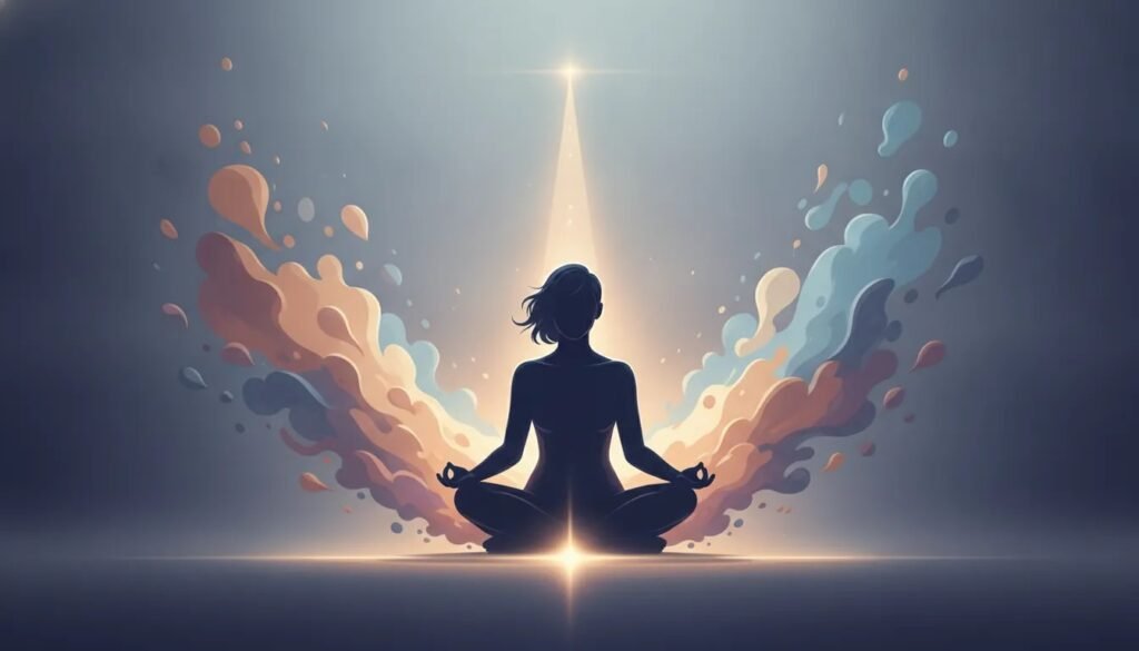 Personne en position méditative, entourée d’émotions abstraites qui se transforment en lumière stable, symbolisant la reprise de contrôle intérieur et l’alignement de sa trajectoire.