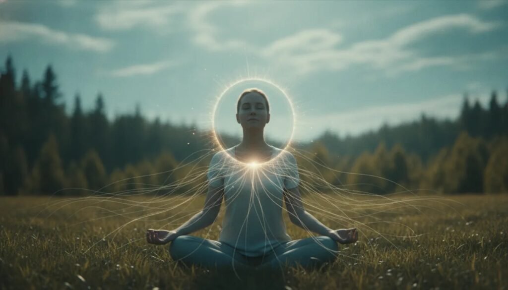 Une personne méditant au centre d’un halo lumineux qui s’étend et relie son esprit au monde, symbolisant l’influence de la spiritualité sur la perception et la réalité.