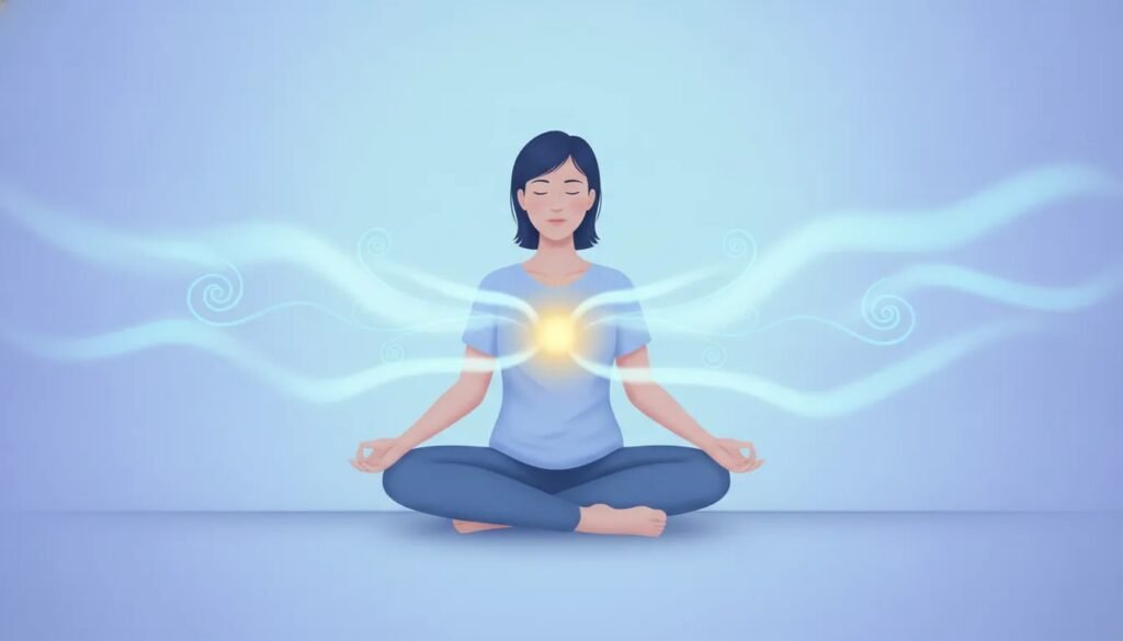 Personne assise en posture stable, fermant les yeux, avec des vagues lumineuses symbolisant une respiration apaisante et la sécurité intérieure, sans texte.