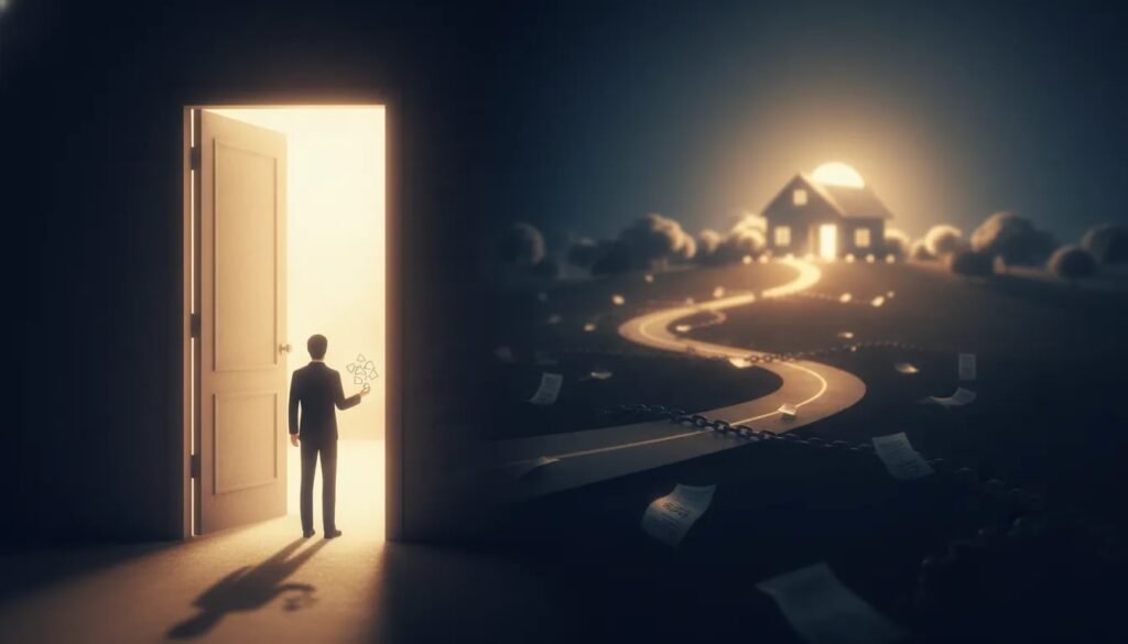 Personne avançant vers la liberté financière à travers une porte lumineuse, tandis que des chaînes et des factures se dissipent derrière elle, ambiance apaisée sans texte.