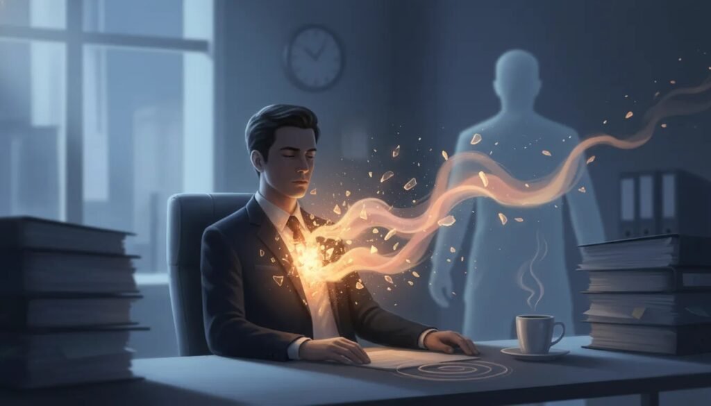 Illustration symbolique d’une personne au travail dont l’aura intérieure se fissure, évoquant un malaise profond et une recherche d’apaisement