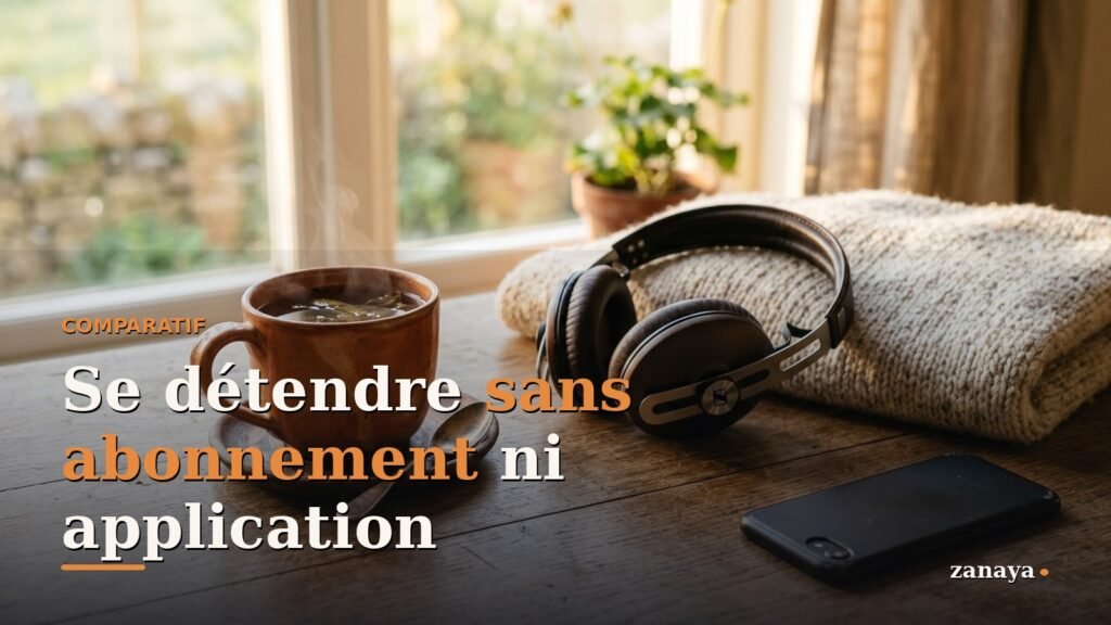 Casque audio, telephone pose ecran vers le bas et tasse de the sur une table en bois, ecoute sans application