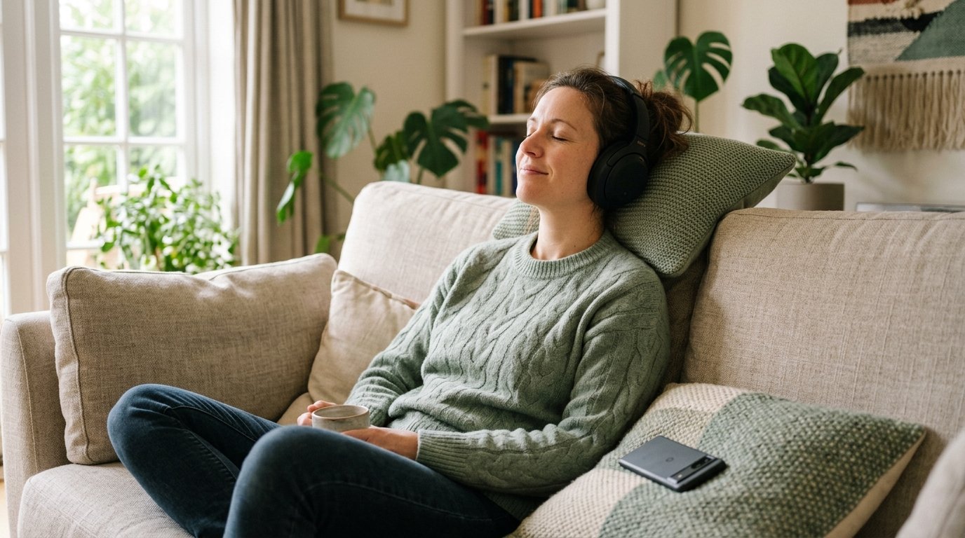 Personne assise sur un canape avec un casque audio, yeux fermes, telephone pose ecran vers le bas