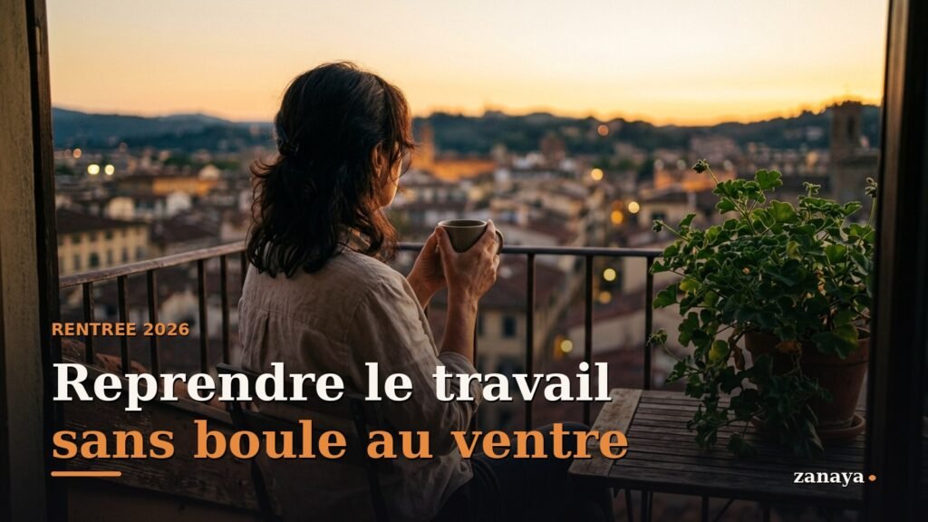 Personne assise sur un balcon au crepuscule de fin d'ete, une tasse a la main, avant la reprise