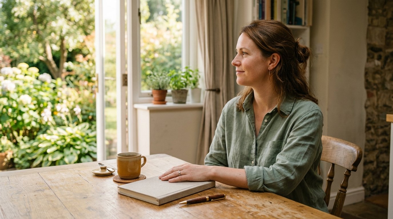Personne assise a une table en bois, carnet ferme et tasse de the, preparant en douceur son retour de vacances