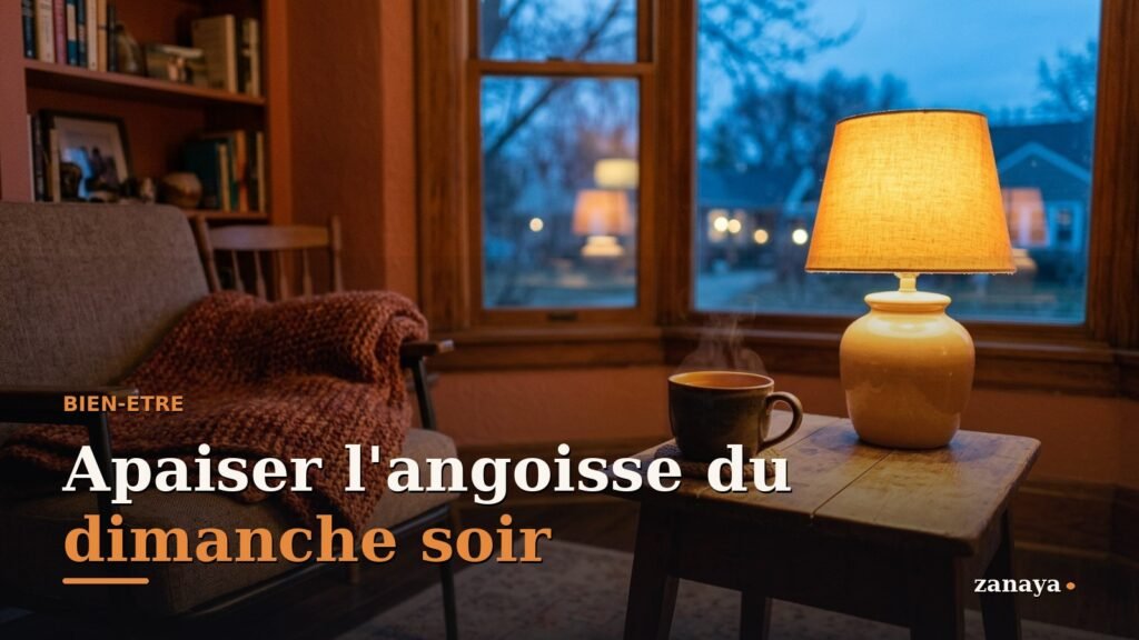 Coin salon chaleureux un dimanche soir, tasse de tisane fumante pres d'une lampe ambree et d'une fenetre au crepuscule