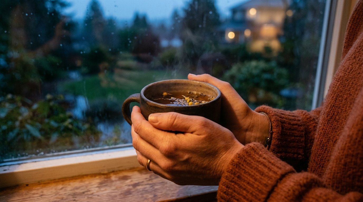 Mains tenant une tasse de tisane chaude pres d'une fenetre au crepuscule, geste apaisant du dimanche soir