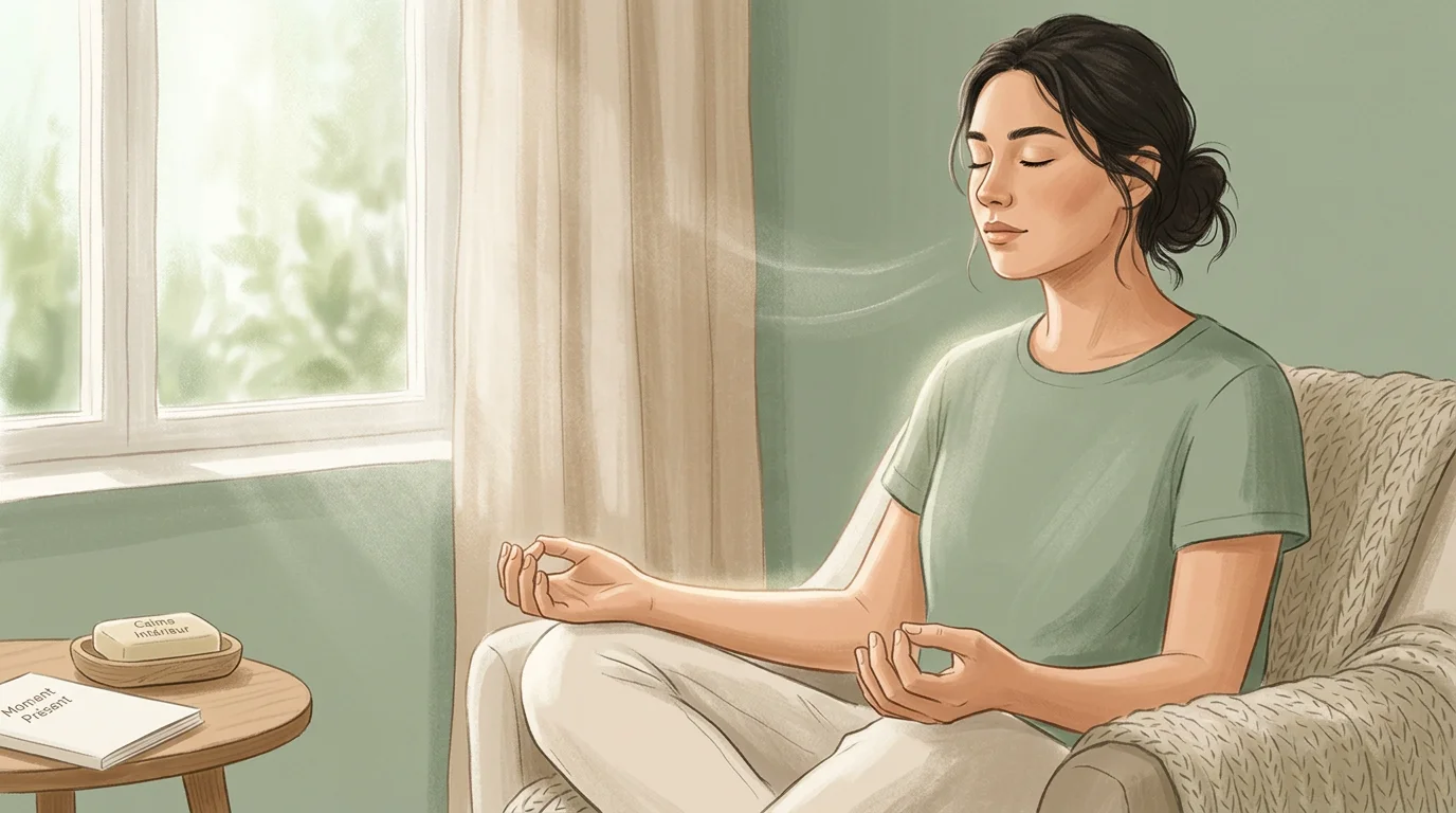Personne pratiquant la méditation de pleine conscience assise près d'une fenêtre