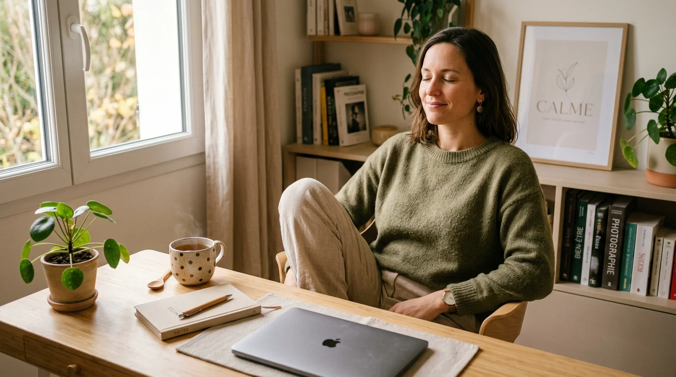 Personne prenant une courte pause de méditation à son bureau à domicile