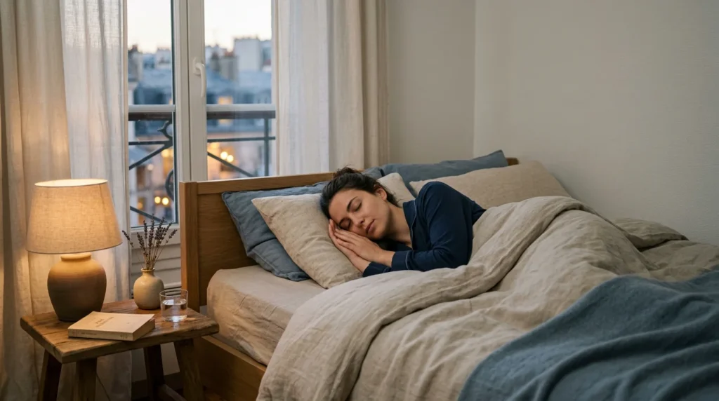 Personne détendue s'endormant paisiblement grâce à une méditation du soir