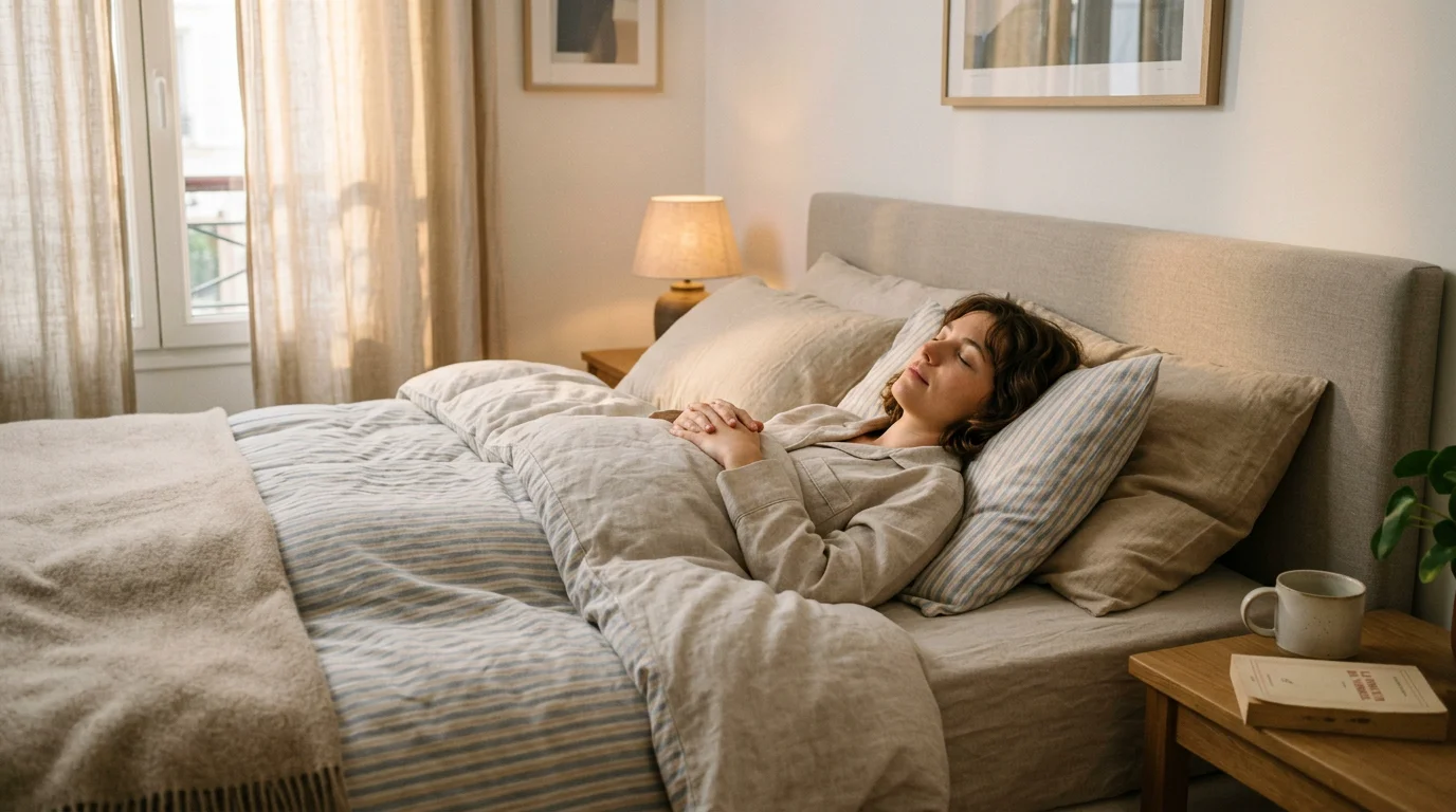 Personne allongée pratiquant une méditation de relaxation avant de dormir