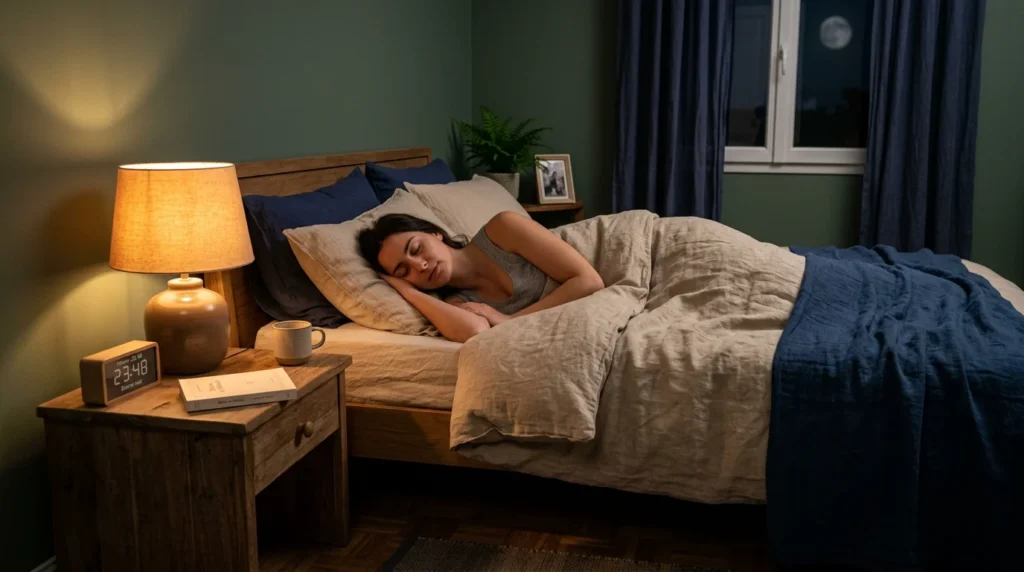 Chambre paisible la nuit illustrant la relaxation guidée pour dormir