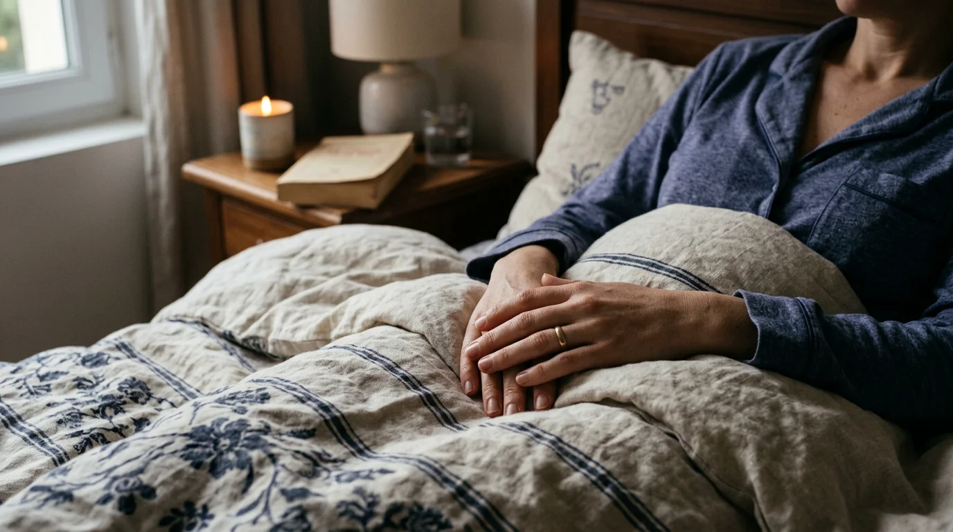 Mains détendues sur une couette illustrant une technique de relaxation avant de dormir
