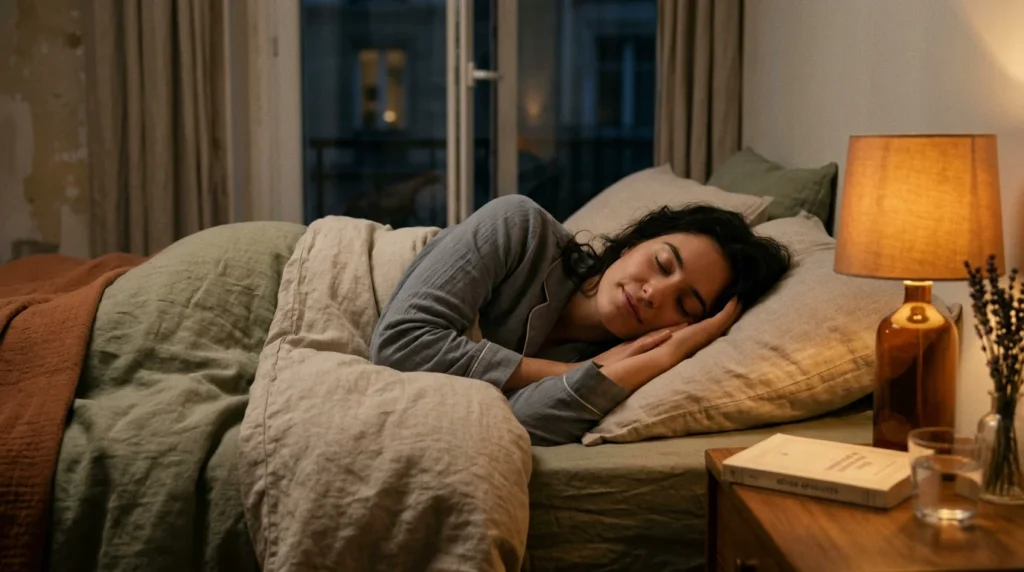 Personne détendue au lit la nuit évoquant la méditation pour dormir