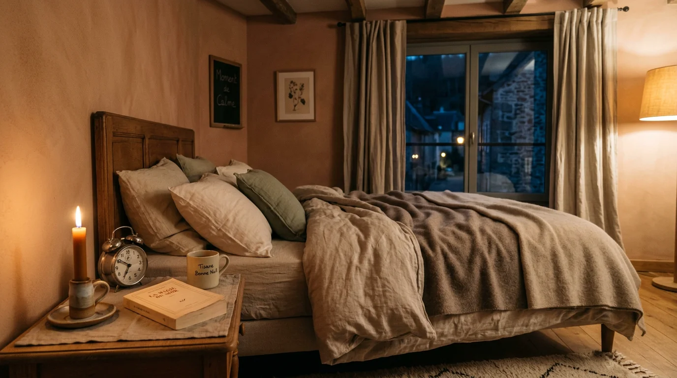 Chambre tamisée avec bougie propice à une routine de relaxation avant le sommeil